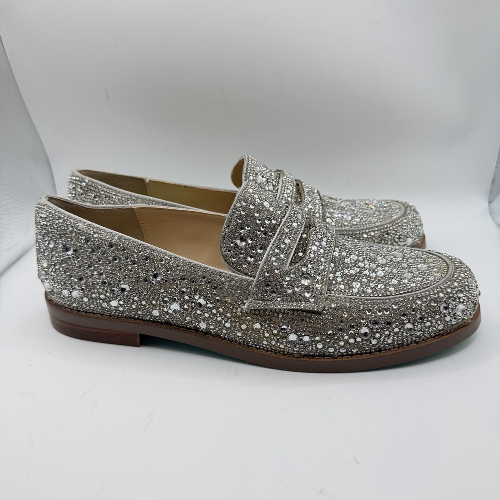Betsey Johnson Aron Silver Rhinestone Loafer Flat Sparkle Blue Sole Shoe Sz 7